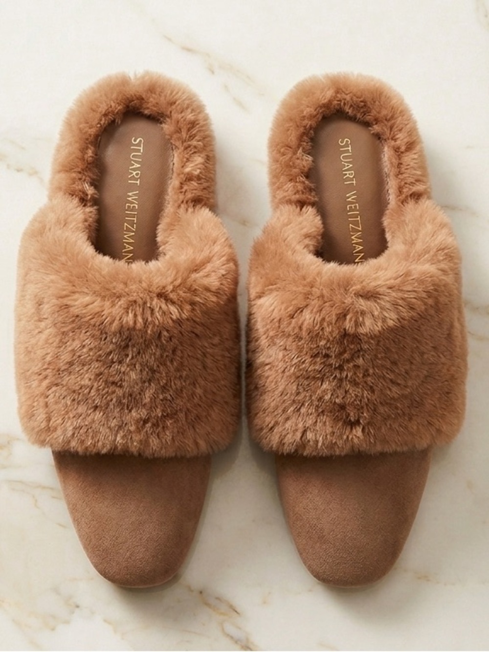 Stuart Weitzman Fur Shearling Suede Mules Slides Slippers Tan Brown Size 9 Fall